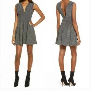 NWT Fraiche by J Metallic Shimmer Deep V-Neck Fit & Flare Minidress Silver Black